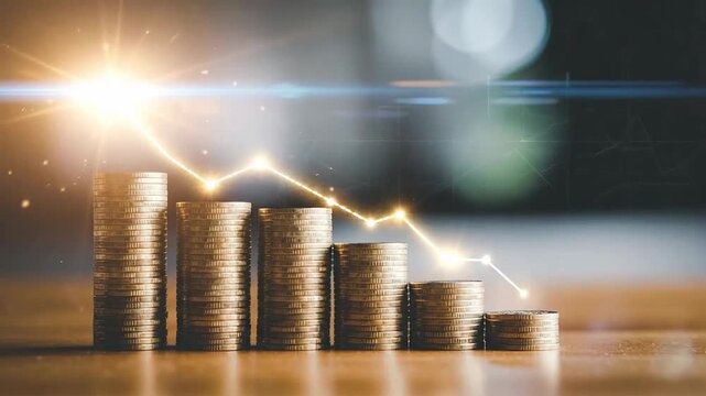 Stacked Coin Piles with Declining Graph against Blurred Background under Lens Flare Effect