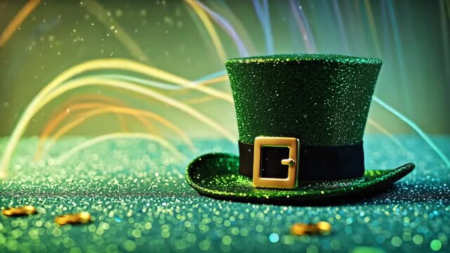 Close-up leprechaun hat gold buckle glittering surface, green sparkles floating shamrocks, animated rainbow streaks, gold coins orbiting, vibrant St. Patrick&rsquo;s Day celebration, 4K ultra HD, magical