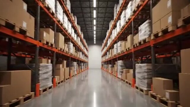 An industrial warehouse interior features tall shelves and storage aisles filled with stock boxes and containers for a retail business