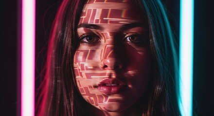 Close-up of a woman's face with digital lines projected on it, neon lights in background
