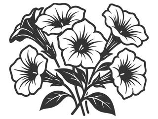 Black and white vector illustration of  trumpet flowers in full bloom 
