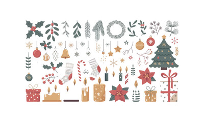 Naklejka premium Christmas card illustration featuring a decorated Christmas tree with gifts and holiday decorations