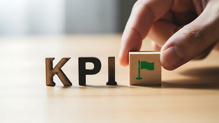 Setting KPIs with Wooden Letters on Table, Office Environment, Close-Up View, Success in Focus