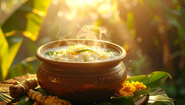 Authentic Sweet Rice Dish in Clay Pot with Golden Sunset Lighting for Makar Sankranti & Pongal Festival