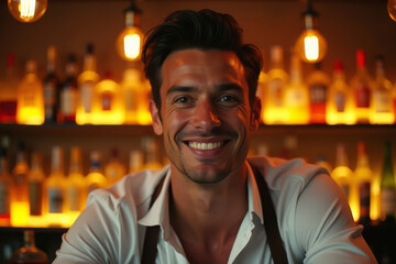Fototapeta premium Man enjoying nightlife at bar. Cozy evening portrait. Relaxed bar lifestyle scene.