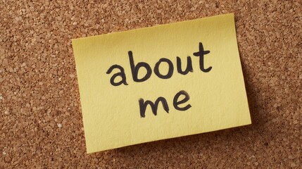 Yellow sticky note with handwriting "about me" pinned on a cork notice board