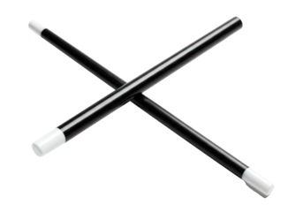 high-gloss obsidian black magician's wand with a transparent tip, dynamically positioned on a diagonal axis against a transparent cyclorama studio background. concept of illusion and mystery