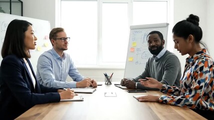 A group of professional businesspeople and smiling colleagues engage in corporate teamwork while sitting at an office table with a laptop to discuss their successful partnership and communication - Powered by Adobe