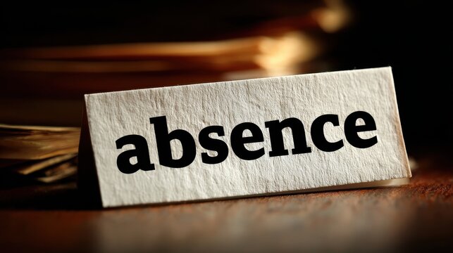 Conceptual image featuring a small white card with the word "absence" printed in bold black text, resting on a dark wooden desk in a dimly lit room