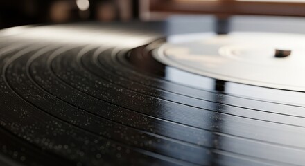 Close-up view of a vinyl record on a turntable, with shallow depth of field and warm lighting