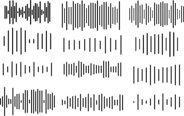 Podcast sound waves. Audio waveforms line icons, sound wave frequency or voice microphone signals. Music, podcast and broadcast, UI and audio branding design. Isolated vector set.