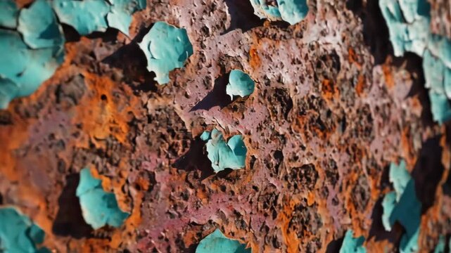 Peeling blue paint on rusted surface