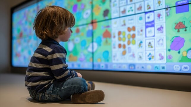 Child sitting on the floor in front of a large touchscreen monitor, educational puzzle game displayed, colorful shapes and animals, relaxed posture