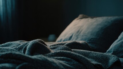 close up of cozy in cool, dark bedroom, thick blankets, ambient soft shadows, emphasis on night time restoration and biological harmony, realistic
