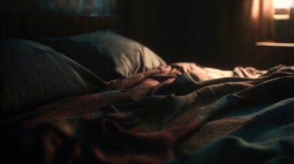 close up of cozy in cool, dark bedroom, thick blankets, ambient soft shadows, emphasis on night time restoration and biological harmony, realistic