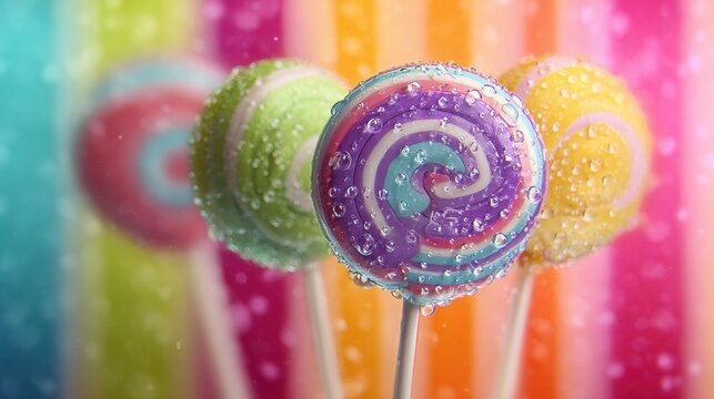 close up of colorful lollipops with water droplets, vibrant striped background, sweet candy concept, bright colors, glossy texture, macro photography - Powered by Adobe