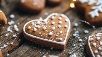 close up of homemade gingerbread heart cookie with white icing and sugar crystals, wooden background, festive holiday baking concept, warm ambient