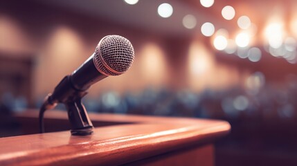 close up of professional microphone on wooden lectern, blurred bokeh stage lights, conference and speech concept, elegant and calm mood, cinematic