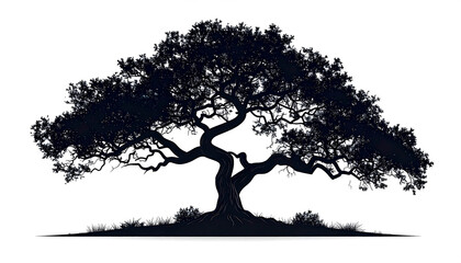 Artistic black and white tree shapes, simple silhouettes, clean white backdrop.