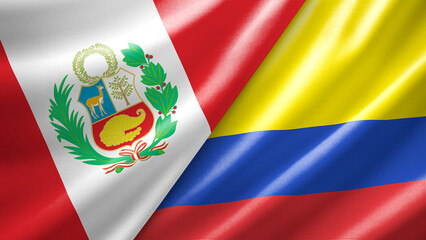 Obraz premium Peru and Colombia two national flags filling the entire frame, close-up view, edge-to-edge composition