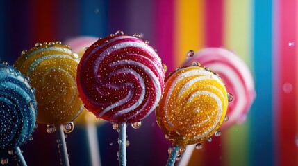 close up shot of multicolored lollipops with water droplets, bold striped background, sweet dessert concept, glossy texture, cinematic macro