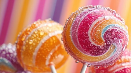 close up shot of multicolored lollipops with water droplets, bold striped background, sweet dessert concept, glossy texture, cinematic macro