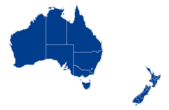 Australia and New Zealand Map vector with all States and territories in blue. Similar map blank of  Australia and New Zealand on white background.  High quality map.  EPS10.