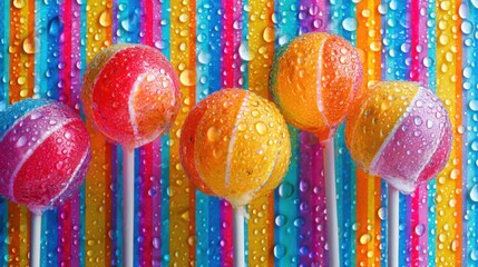 colorful lollipops covered with fresh water droplets, vivid striped backdrop, candy sweetness theme, high saturation, macro realism, playful