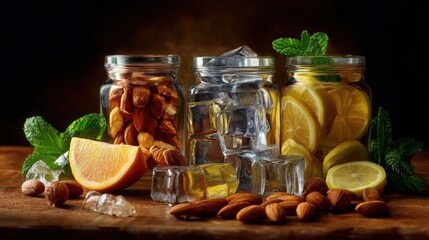 colorful still life of jars with almonds, ice cubes, orange and lemon slices, mint leaves, wooden surface, festive and fresh presentation, realistic