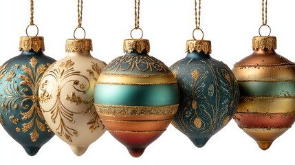Colorful glass ornaments hanging in a row for holiday decorations in a festive setting