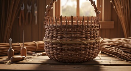 Detailed close-up of a woven basket on a wooden table in a rustic workshop setting