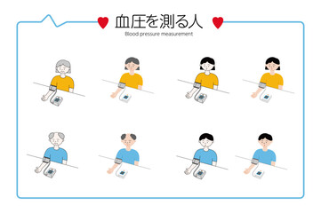 フラットな線画で描かれた血圧を測定する男女の人物イラストセット|健康管理や家庭でのセルフチェック・医療・予防のコンセプト
