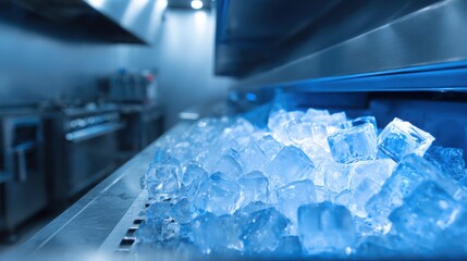 Commercial ice machine filled with crystal clear glowing ice cubes, stainless steel surfaces, professional restaurant kitchen background, cool blue