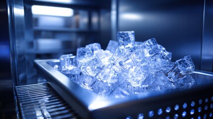 Commercial ice machine filled with crystal clear glowing ice cubes, stainless steel surfaces, professional restaurant kitchen background, cool blue