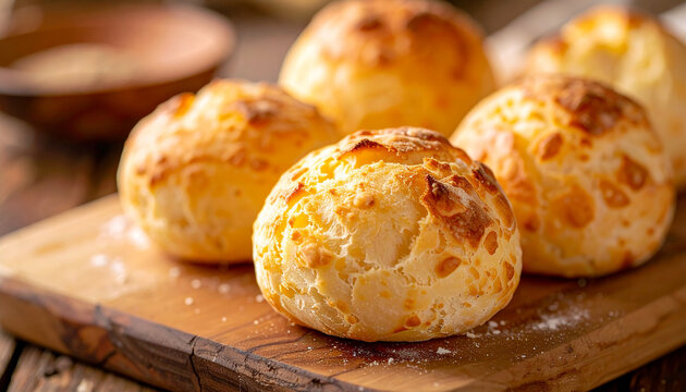 Fresh homemade pao de queijo, Brazilian cheese bread, rustic bakery. Tasty snack. Delicious food.