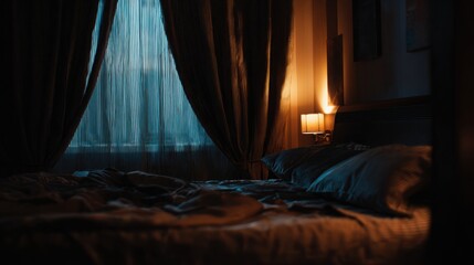 cozy bedroom at night, absolute darkness, heavy curtains blocking street light, soft , calm and peaceful atmosphere, realistic lighting, focus