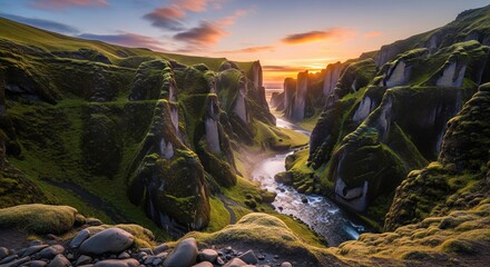 Dramatic landscape shows a river carving through a lush canyon at sunset with layered clouds