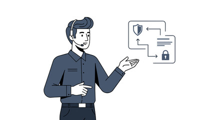 A professional customer support representative wearing a headset provides information about data security and privacy, illustrating digital protection concepts.