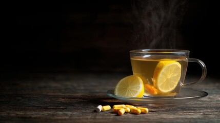 cup of hot lemon tea with vitamin capsules on dark wooden table, wellness and immunity support concept, warm ambient light, realistic food