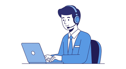 A friendly male customer service representative wearing a headset and working on a laptop, providing excellent support in a modern, professional setting.
