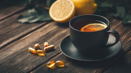 cup of hot lemon tea with vitamin capsules on dark wooden table, wellness and immunity support concept, warm ambient light, realistic food