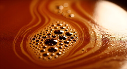 Close up of rich coffee crema with bubbles and abstract swirling patterns