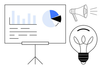Business strategy, marketing, creative ideas, innovation, communication, data analysis. A board with charts, light bulb and megaphone. Business strategy and marketing theme
