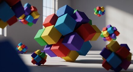 Floating, multi-colored cubic assemblies; a geometric, playful composition in a bright space