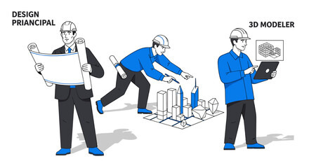 Three male construction professionals, including a design principal, an architect, and a 3D modeler, collaborating on an urban development project.