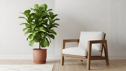 Fototapeta premium Modern Fiddle Leaf Fig Tree and Light Wood Armchair in Minimalist Room