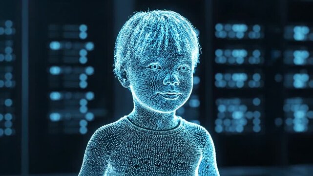 Holographic projection of a young child made of blue digital particles materializing in a futuristic data center environment