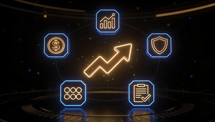 cinematic digital illustration of glowing gold and blue neon business icons featuring a rising growth arrow financial dollar coin security shield and checklist for success