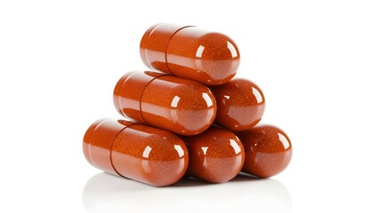 Stack of Six Brown Gel Capsules on White Background