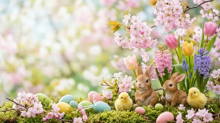 Easter celebration with bunnies and chicks among colorful spring flowers in a scenic garden setting capturing the joy of nature's renewal and festive atmosphere